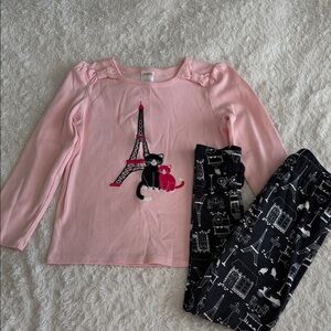 Gymboree girls size 7 pink knit cat Paris theme shirt, black pants set